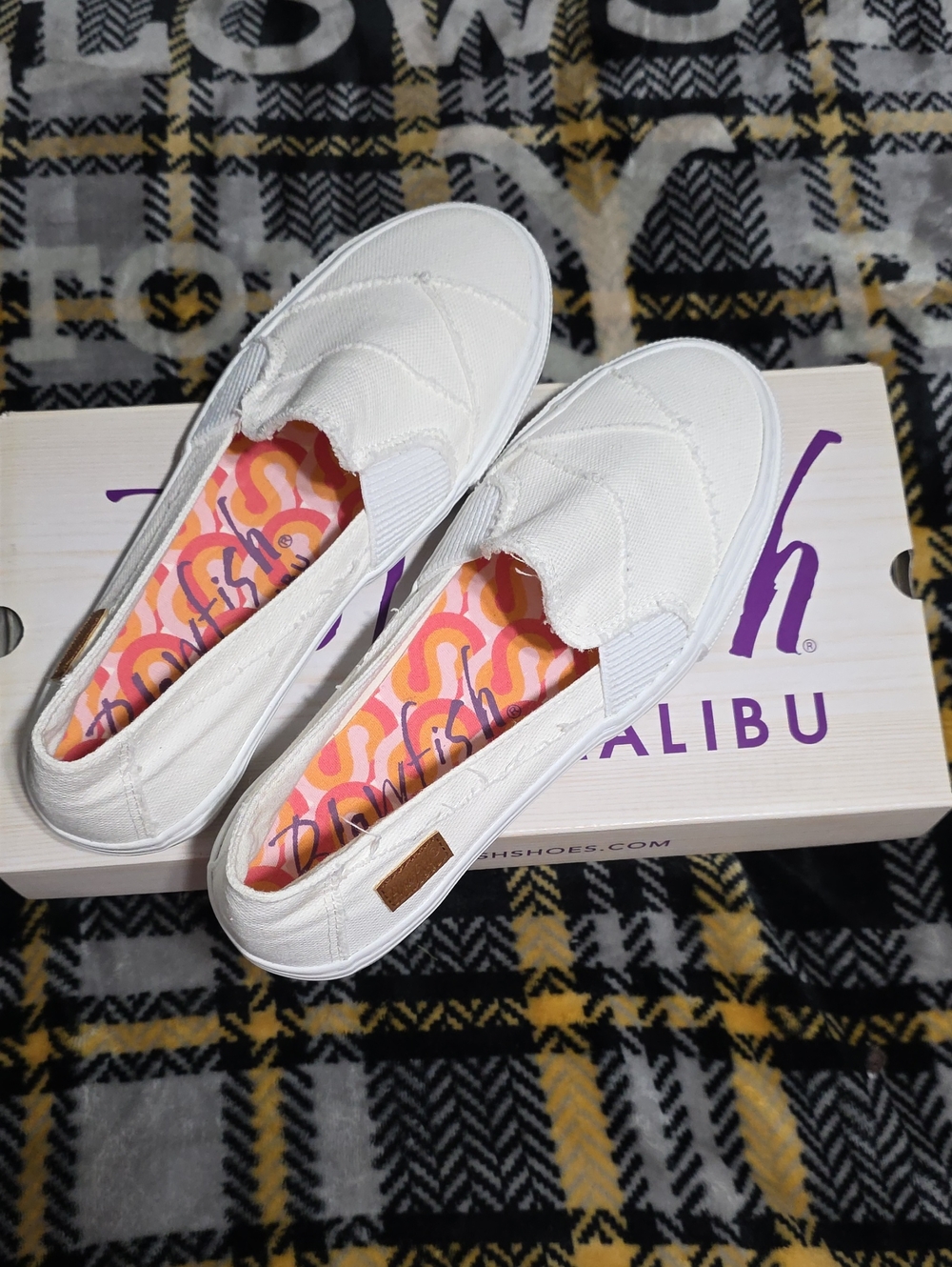 Blowfish White Canvas Slip-On Moccasins with Colorful Printed Insole